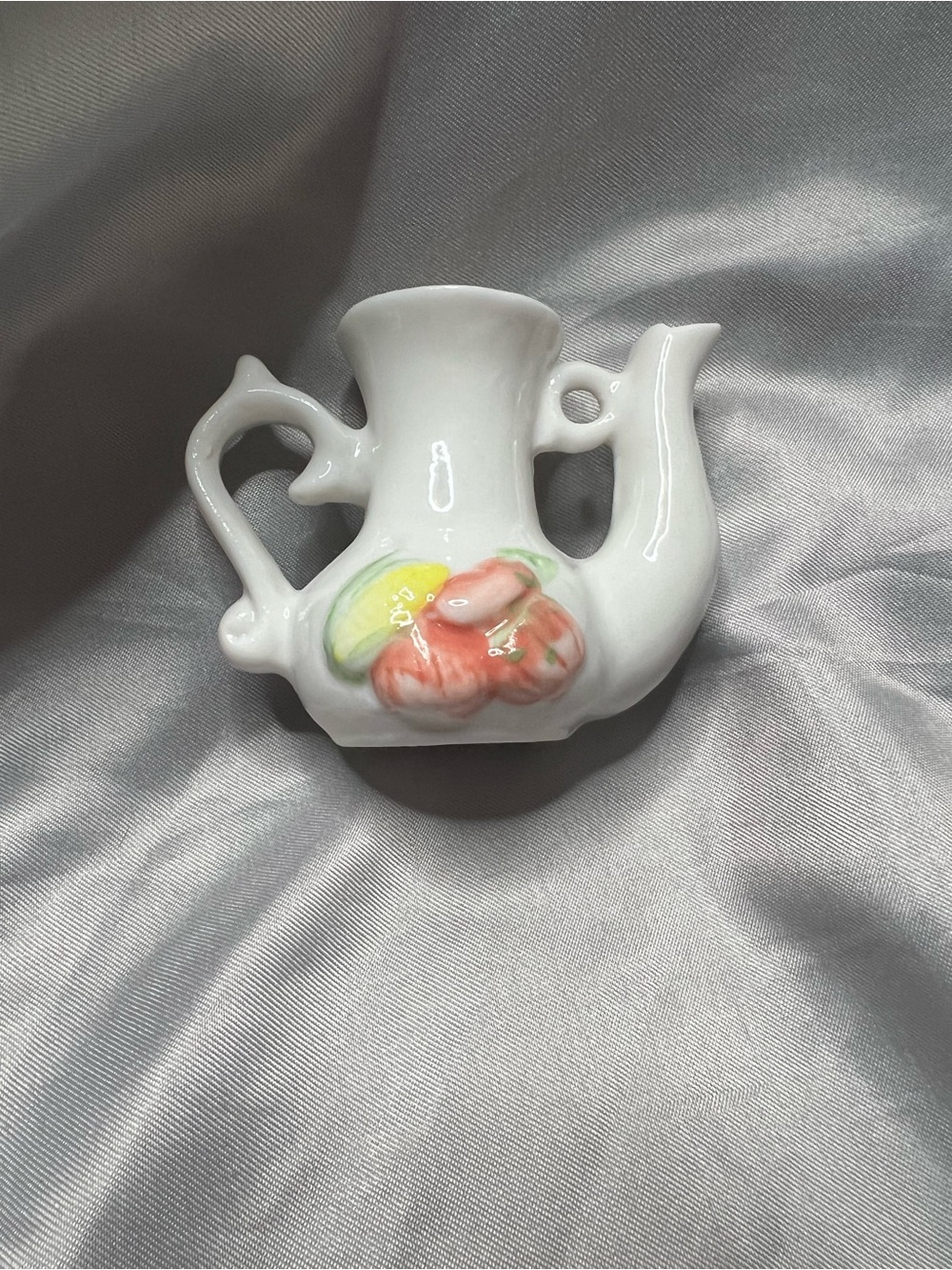Miniature White Ceramic Teapot Vase with Peach Motif